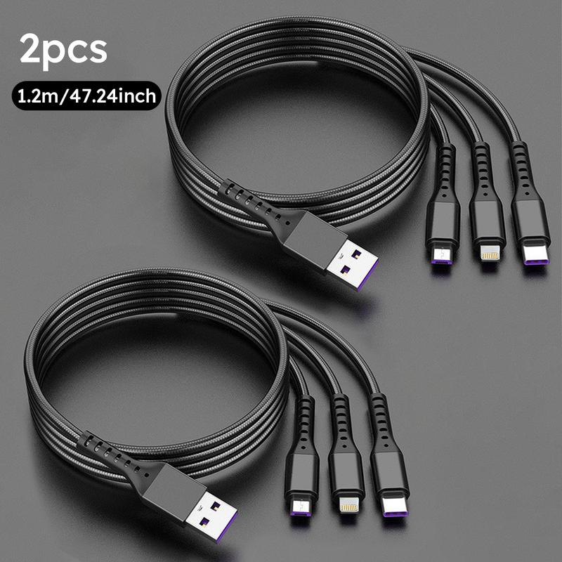 Jogrytece 66 W Super-Fast MFi 3‑in‑1 Charging Cable (4 ft) – Braided USB‑C, Micro‑USB & Lightning – 2‑Pack