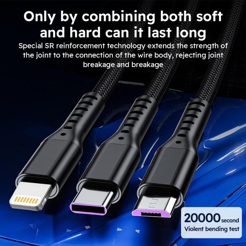 Jogrytece 66 W Super-Fast MFi 3‑in‑1 Charging Cable (4 ft) – Braided USB‑C, Micro‑USB & Lightning – 2‑Pack
