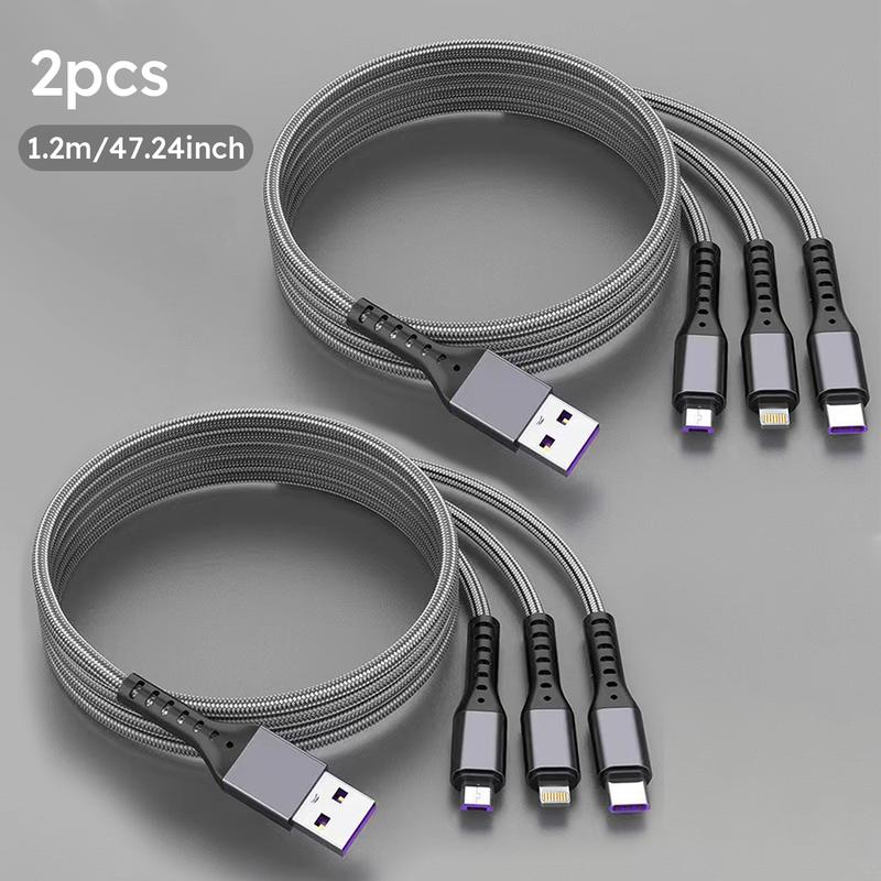 Jogrytece 66 W Super-Fast MFi 3‑in‑1 Charging Cable (4 ft) – Braided USB‑C, Micro‑USB & Lightning – 2‑Pack
