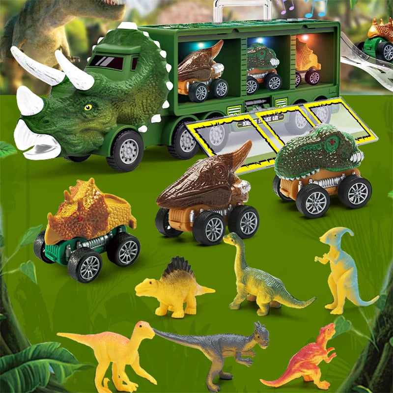 Dinosaur Transport Truck Toy with Lights & Music β 12pcs Dino Car Playset for Kids (7 + Years)
