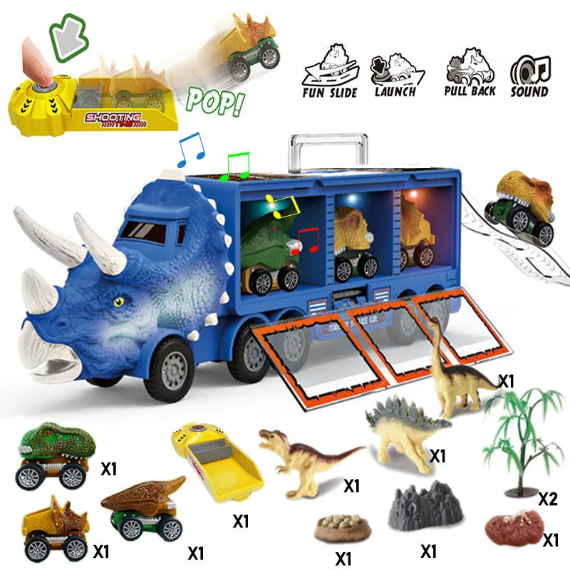 Dinosaur Transport Truck Toy with Lights & Music β 12pcs Dino Car Playset for Kids (7 + Years)
