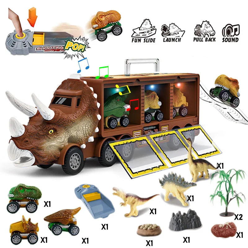 Dinosaur Transport Truck Toy with Lights & Music β 12pcs Dino Car Playset for Kids (7 + Years)