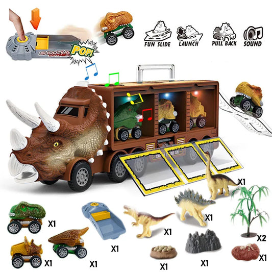 Dinosaur Transport Truck Toy with Lights & Music – 12pcs Dino Car Playset for Kids (7 + Years)