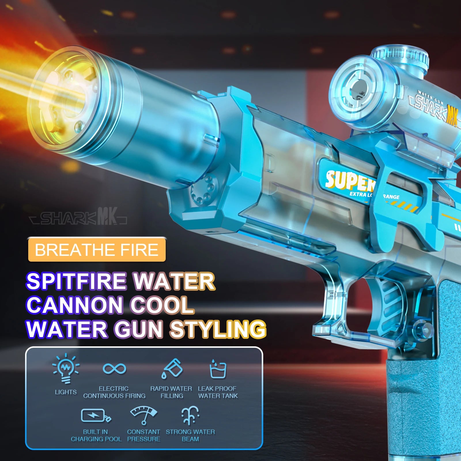Electric Flame-Effect Water Gun β High-Pressure Rechargeable Outdoor Water Blaster with LED Light