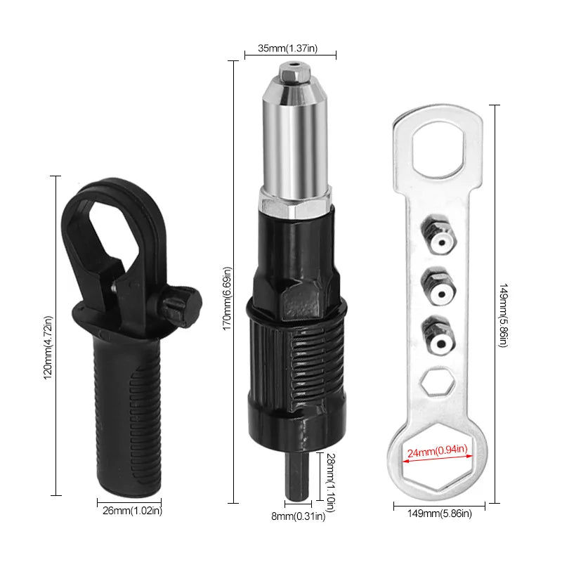 Electric Rivet Nut Drill Adapter 2.4–4.8mm – Cordless Riveting Tool Kit Attachment | Heavy-Duty Conversion Head