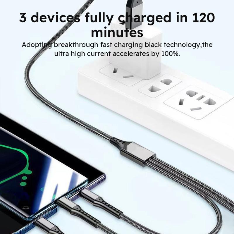Jogrytece 66 W Super-Fast MFi 3‑in‑1 Charging Cable (4 ft) – Braided USB‑C, Micro‑USB & Lightning – 2‑Pack