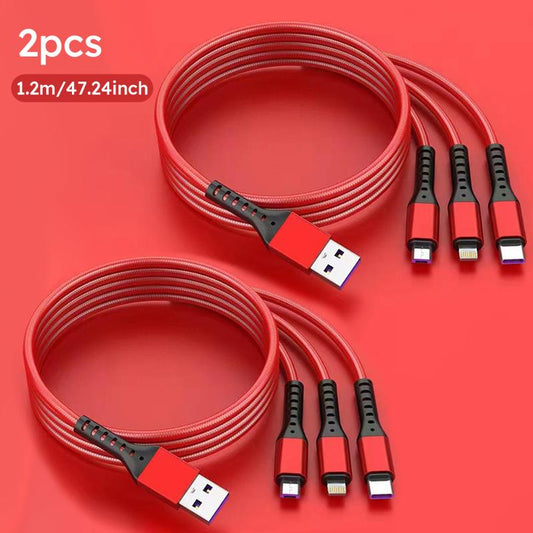 Jogrytece 66 W Super-Fast MFi 3‑in‑1 Charging Cable (4 ft) – Braided USB‑C, Micro‑USB & Lightning – 2‑Pack