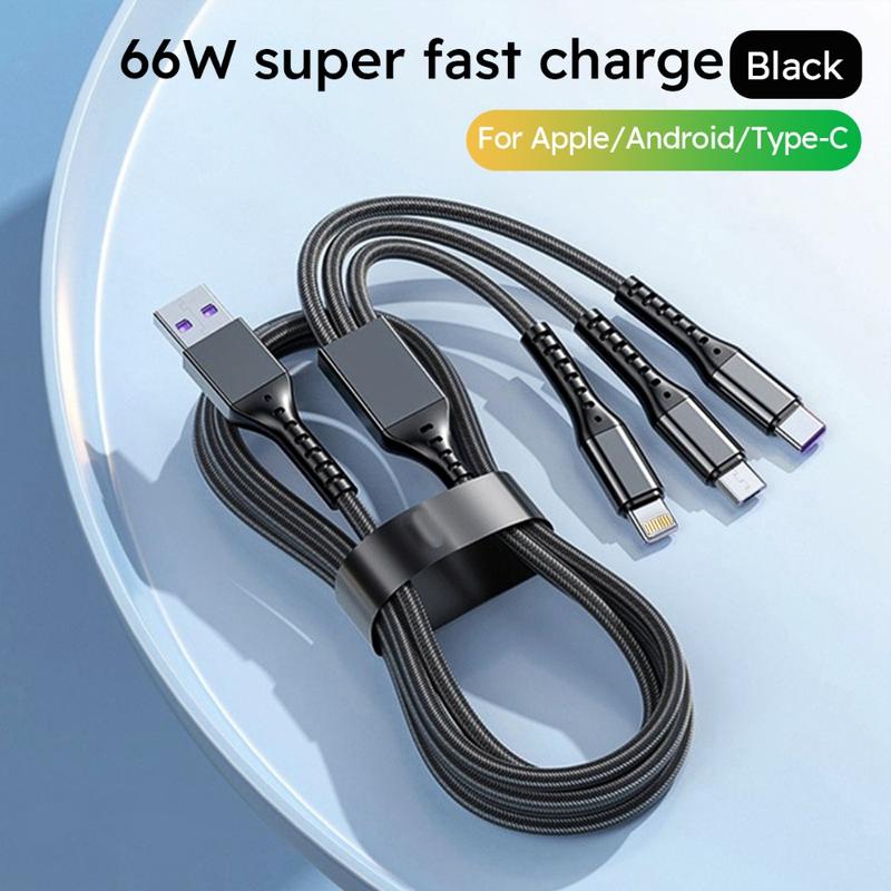 Jogrytece 66 W Super-Fast MFi 3‑in‑1 Charging Cable (4 ft) – Braided USB‑C, Micro‑USB & Lightning – 2‑Pack