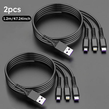 Jogrytece 66 W Super-Fast MFi 3‑in‑1 Charging Cable (4 ft) – Braided USB‑C, Micro‑USB & Lightning – 2‑Pack