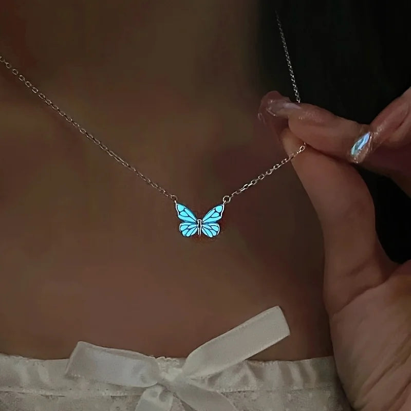  Luxury Blue Luminous Butterfly Necklace – Elegant Female Clavicle Chain with Soft Glow