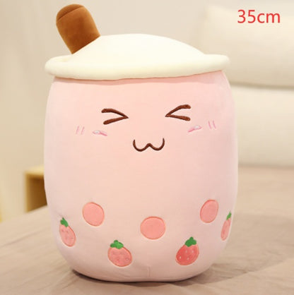 Strawberry Milk Tea Boba Plush Pillow – Cute Fruit Drink Cushion Toy