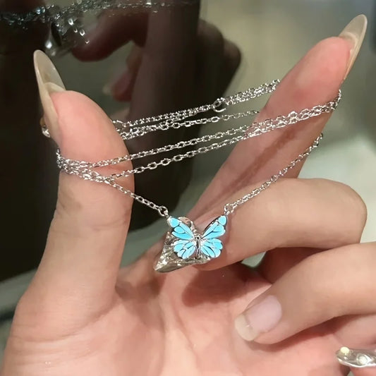  Luxury Blue Luminous Butterfly Necklace – Elegant Female Clavicle Chain with Soft Glow