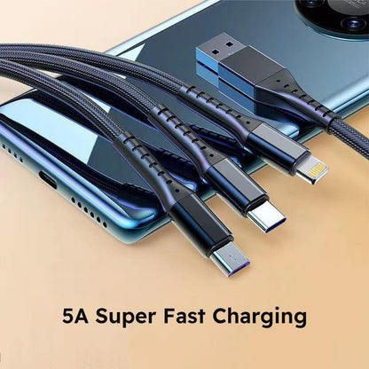 Jogrytece 66 W Super-Fast MFi 3‑in‑1 Charging Cable (4 ft) – Braided USB‑C, Micro‑USB & Lightning – 2‑Pack