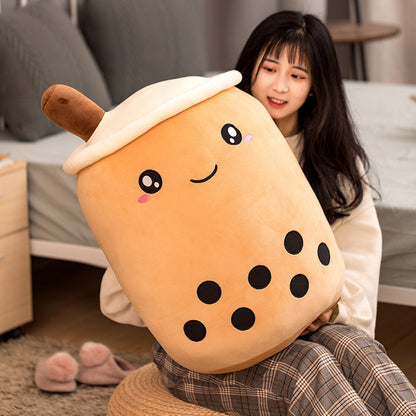 Strawberry Milk Tea Boba Plush Pillow – Cute Fruit Drink Cushion Toy