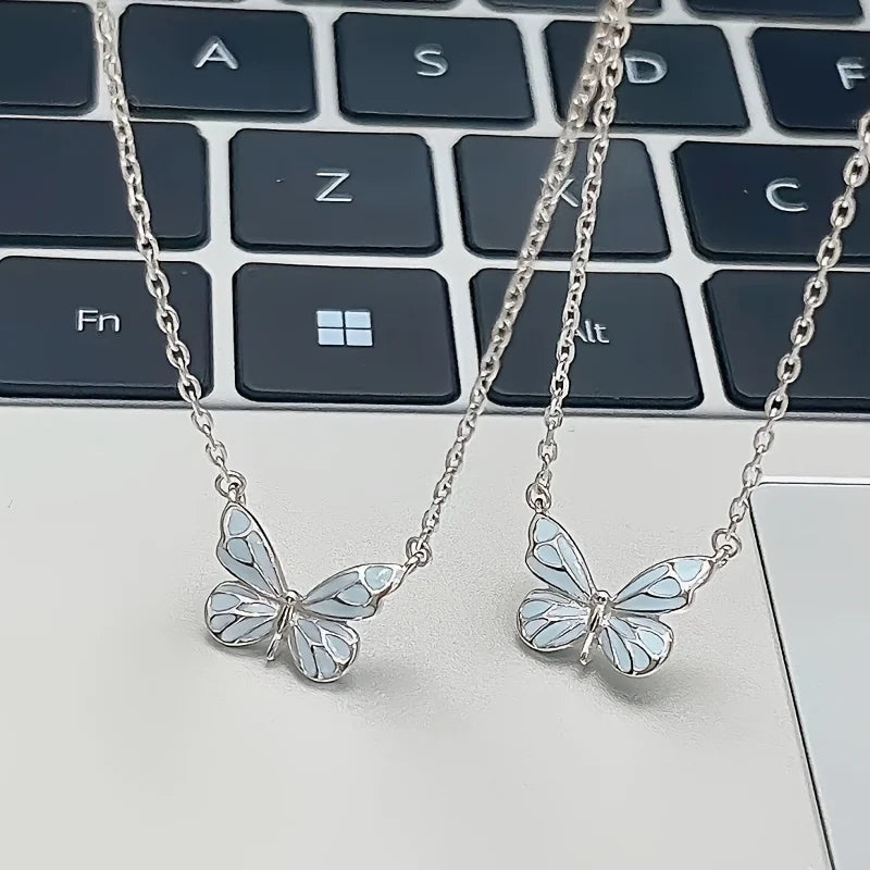  Luxury Blue Luminous Butterfly Necklace – Elegant Female Clavicle Chain with Soft Glow