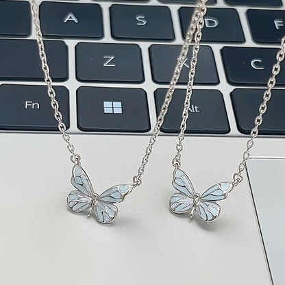  Luxury Blue Luminous Butterfly Necklace – Elegant Female Clavicle Chain with Soft Glow