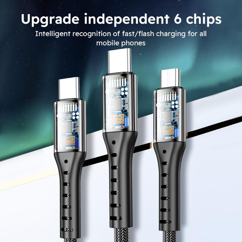 Jogrytece 66 W Super-Fast MFi 3‑in‑1 Charging Cable (4 ft) – Braided USB‑C, Micro‑USB & Lightning – 2‑Pack