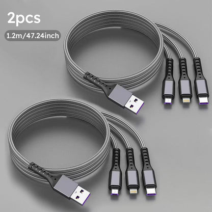 Jogrytece 66 W Super-Fast MFi 3‑in‑1 Charging Cable (4 ft) – Braided USB‑C, Micro‑USB & Lightning – 2‑Pack