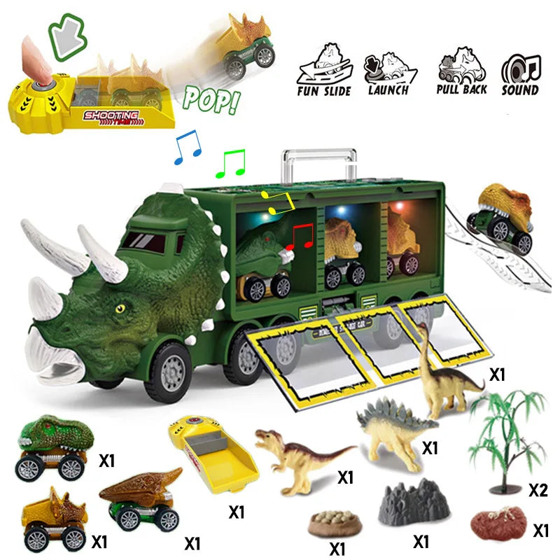 Dinosaur Transport Truck Toy with Lights & Music – 12pcs Dino Car Playset for Kids (7 + Years)