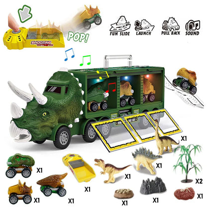 Dinosaur Transport Truck Toy with Lights & Music – 12pcs Dino Car Playset for Kids (7 + Years)