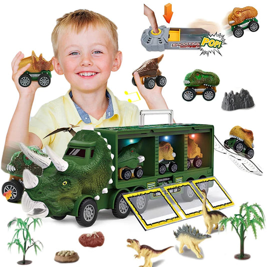Dinosaur Transport Truck Toy with Lights & Music – 12pcs Dino Car Playset for Kids (7 + Years)