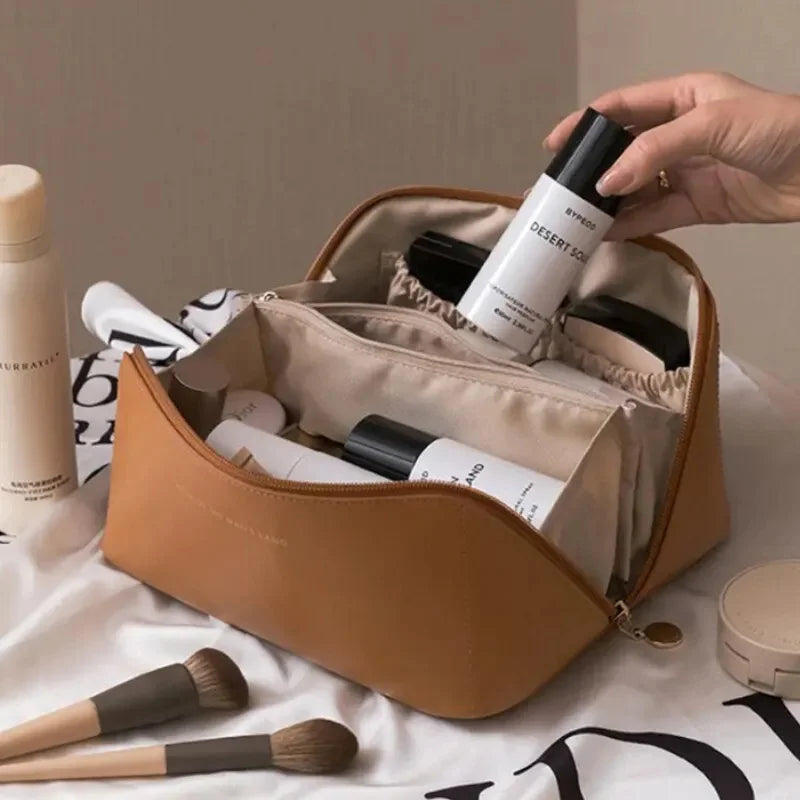 Fashionable Large Capacity PU Leather Travel Makeup Bag – Waterproof Multifunction Cosmetic Pouch for Women