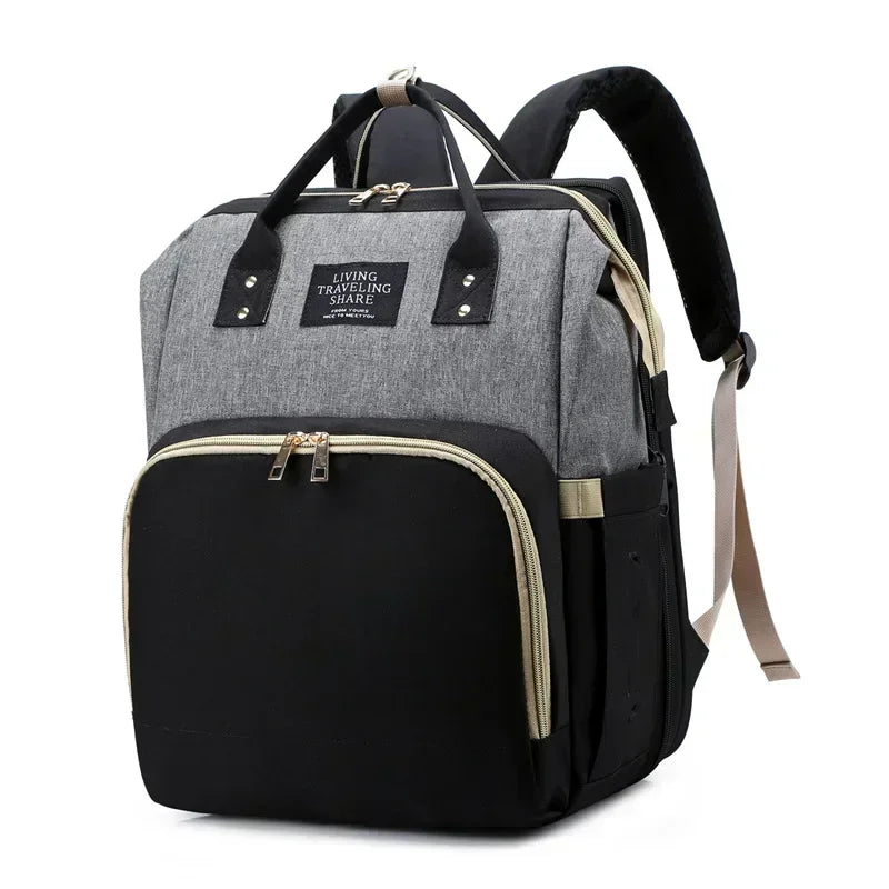 3-in-1 Mommy Backpack Diaper Bag with Foldable Baby Crib – Large-Capacity Travel Organizer