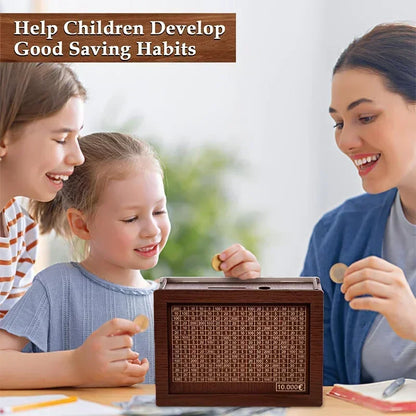 Euro Money Box Wooden Piggy Bank – 1000 to 10,000 Euro Savings Challenge Cash Vault, Durable Money Storage Box for Kids & Adults