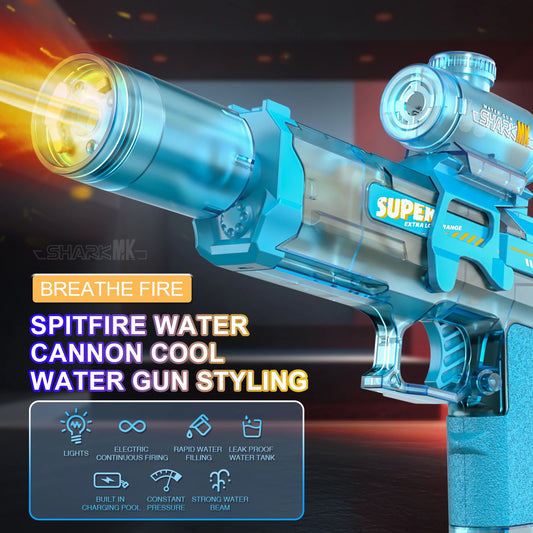 Electric Flame-Effect Water Gun – High-Pressure Rechargeable Outdoor Water Blaster with LED Light