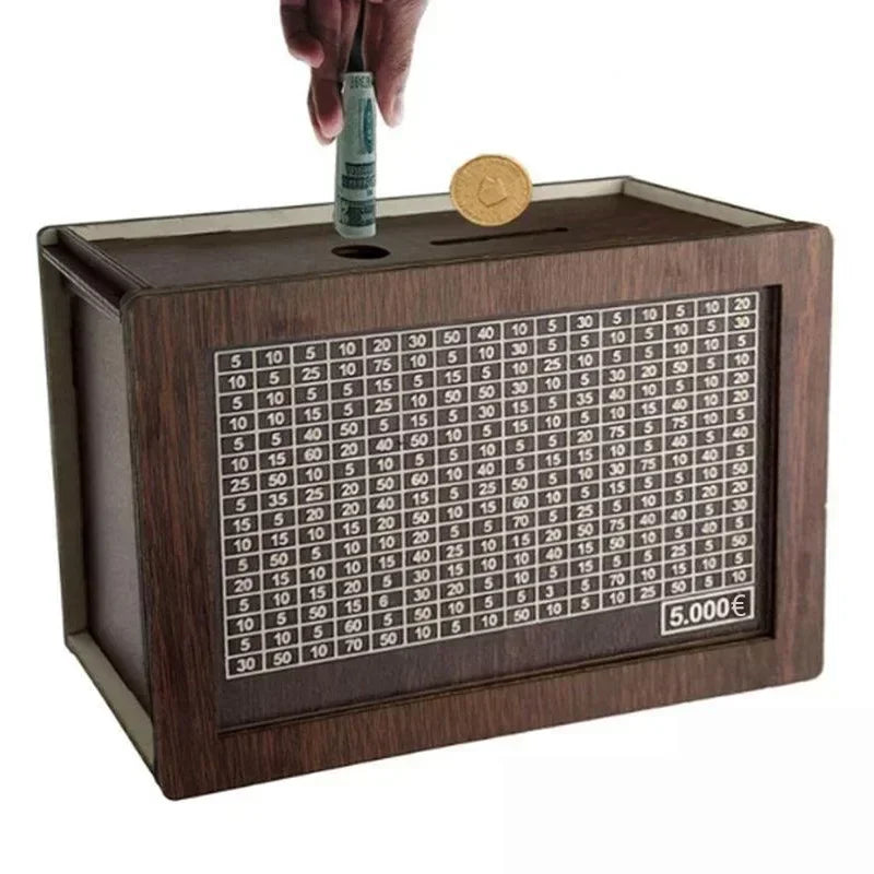 Euro Money Box Wooden Piggy Bank – 1000 to 10,000 Euro Savings Challenge Cash Vault, Durable Money Storage Box for Kids & Adults
