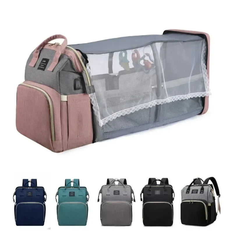 3-in-1 Mommy Backpack Diaper Bag with Foldable Baby Crib – Large-Capacity Travel Organizer