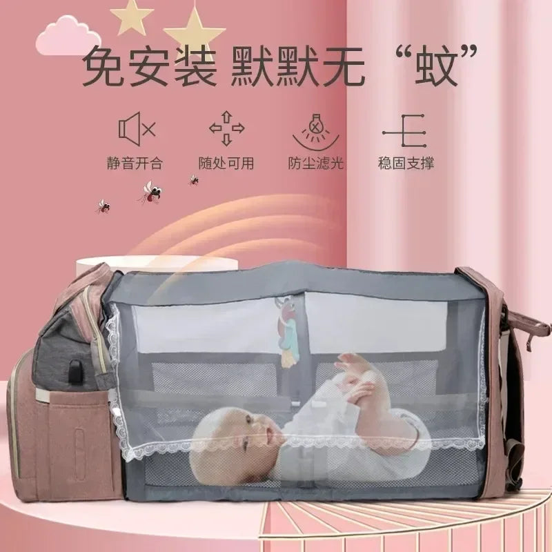 3-in-1 Mommy Backpack Diaper Bag with Foldable Baby Crib – Large-Capacity Travel Organizer
