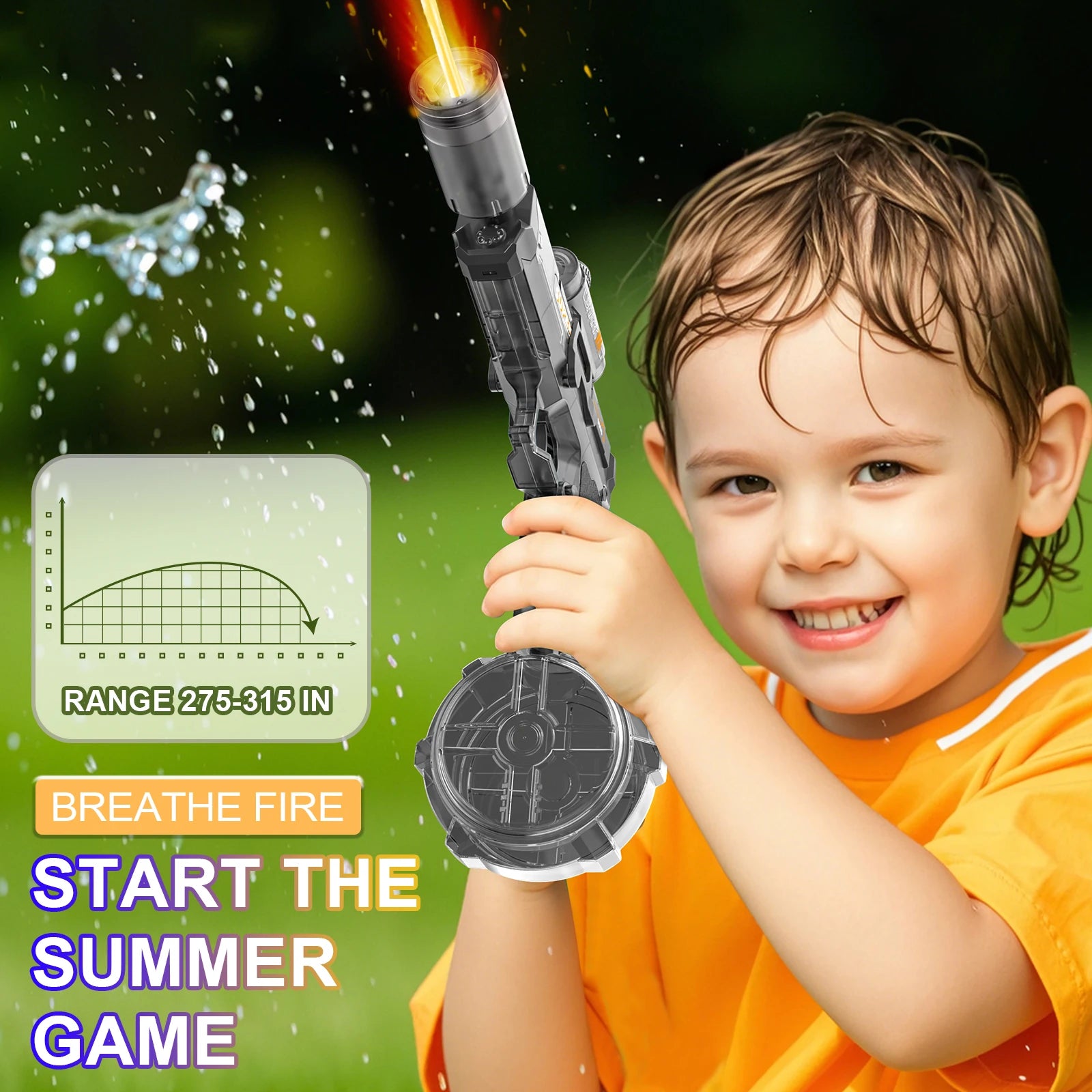 Electric Flame-Effect Water Gun – High-Pressure Rechargeable Outdoor Water Blaster with LED Light