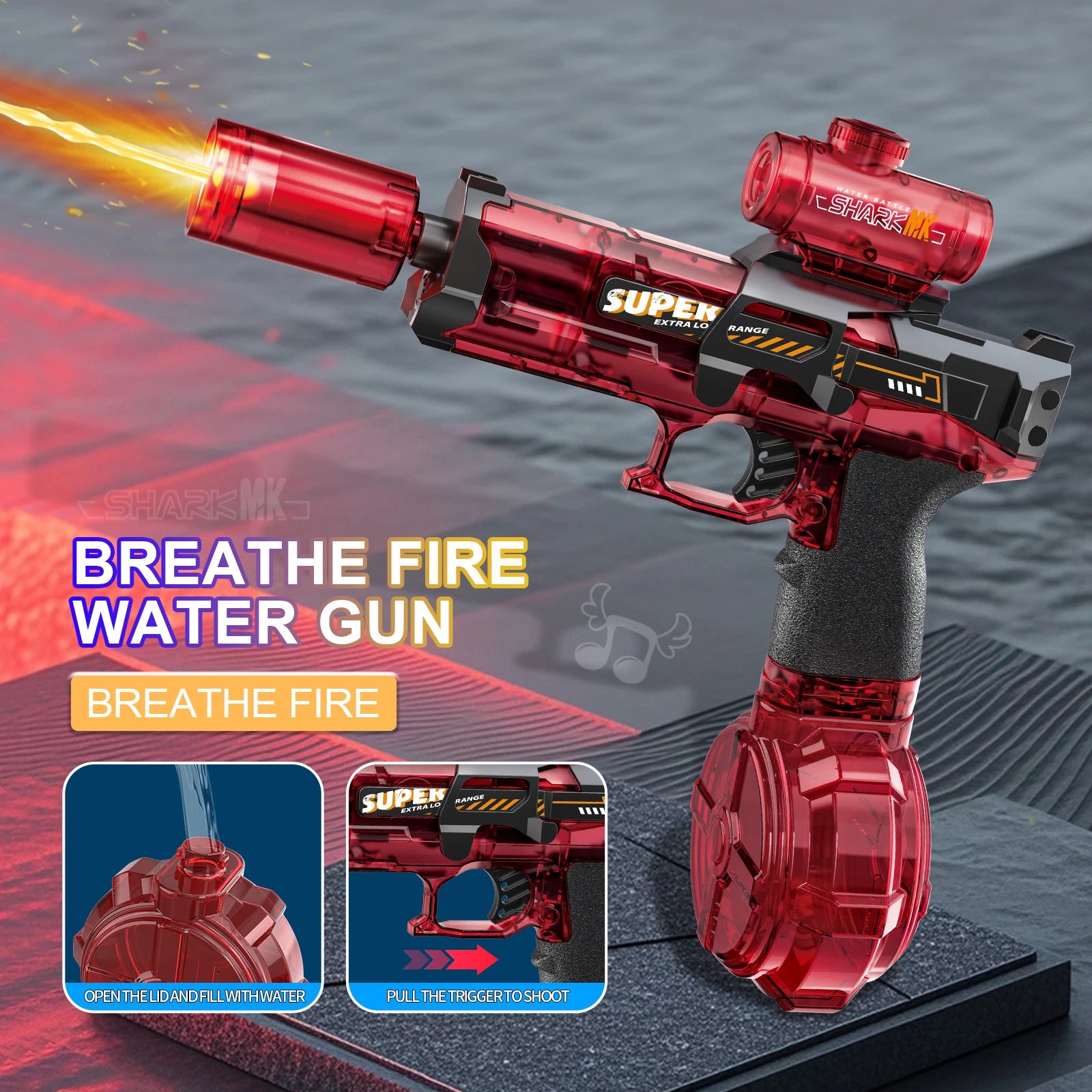 Electric Flame-Effect Water Gun – High-Pressure Rechargeable Outdoor Water Blaster with LED Light