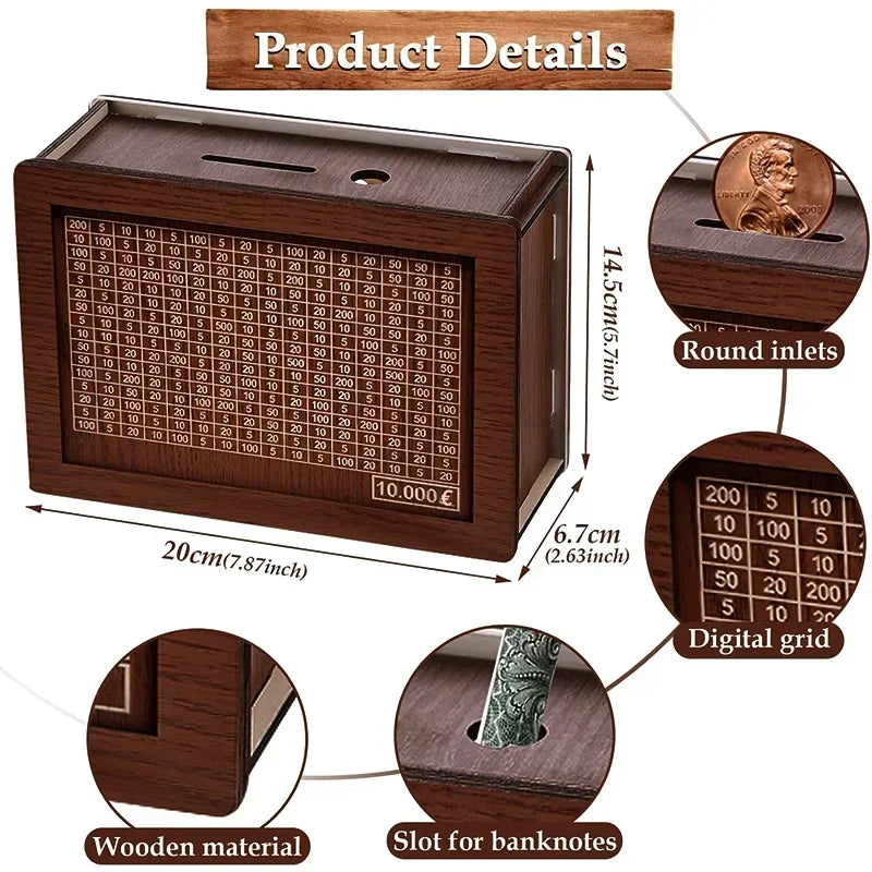 Euro Money Box Wooden Piggy Bank – 1000 to 10,000 Euro Savings Challenge Cash Vault, Durable Money Storage Box for Kids & Adults