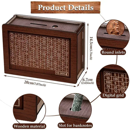 Euro Money Box Wooden Piggy Bank – 1000 to 10,000 Euro Savings Challenge Cash Vault, Durable Money Storage Box for Kids & Adults