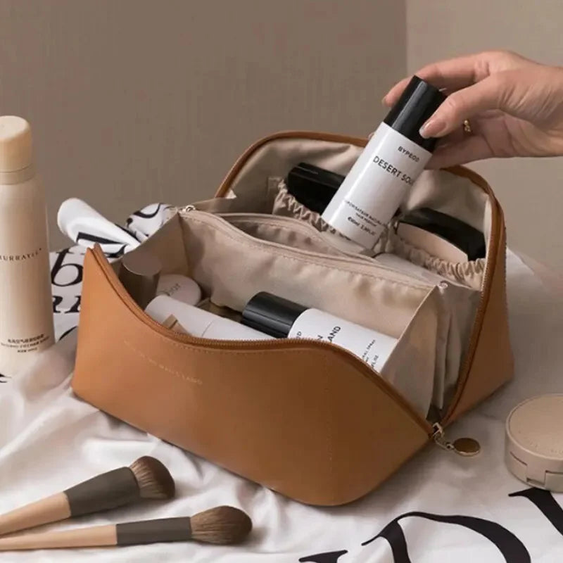 Fashionable Large Capacity PU Leather Travel Makeup Bag – Waterproof Multifunction Cosmetic Pouch for Women