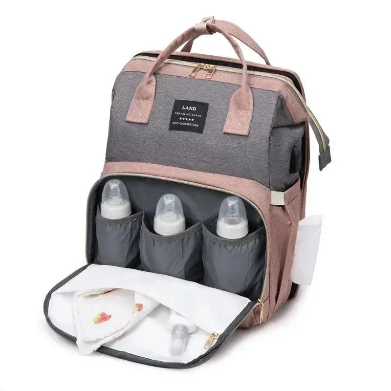 3-in-1 Mommy Backpack Diaper Bag with Foldable Baby Crib – Large-Capacity Travel Organizer