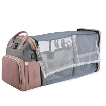 3-in-1 Mommy Backpack Diaper Bag with Foldable Baby Crib – Large-Capacity Travel Organizer