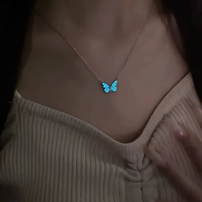  Luxury Blue Luminous Butterfly Necklace – Elegant Female Clavicle Chain with Soft Glow