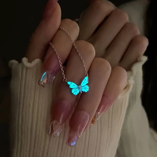  Luxury Blue Luminous Butterfly Necklace – Elegant Female Clavicle Chain with Soft Glow