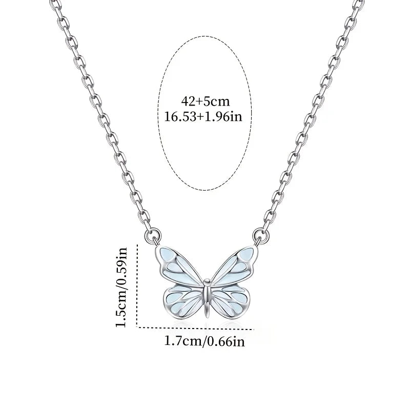  Luxury Blue Luminous Butterfly Necklace – Elegant Female Clavicle Chain with Soft Glow